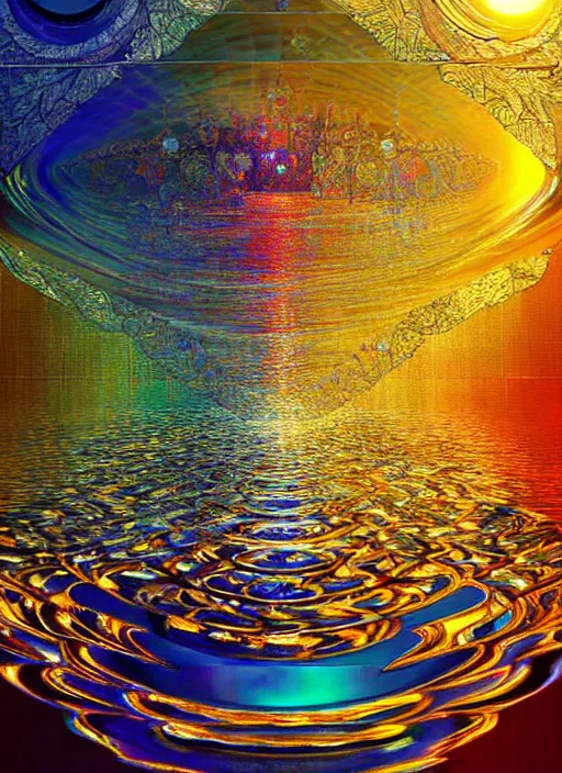 Image similar to air, water, refraction, reflections, mirrors, prisms, sunlight, glowing lights!! intricate elegant, highly detailed, digital painting, concept collage, smooth, sharp focus, art by eyes reflecting into eyes reflecting to infinity