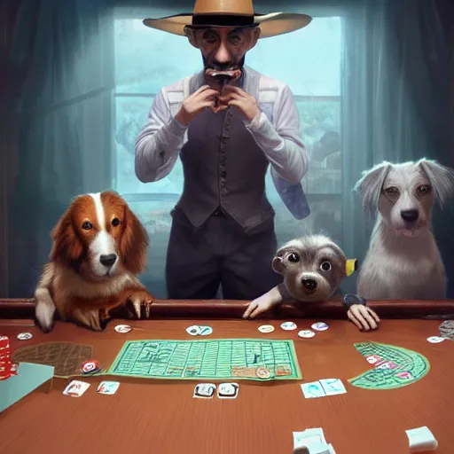 Prompt: a highly detailed matte portrait mister bean playing poker with dogs, standing at a card table, art by artgerm and greg rutkowski and alphonse mucha, volumetric lighting, octane render, 4 k resolution, trending on artstation, masterpiece