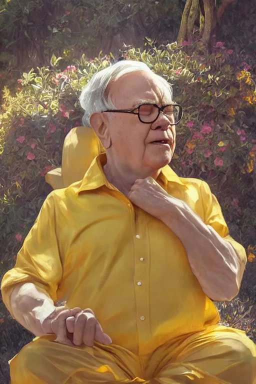 Prompt: warren buffet godly clothes meditating in the sun, yellow lighting ultra realistic photorealistic highly detailed high quality, a stunningly, digital painting, artstation, concept art, smooth, sharp focus, illustration, art by artgerm and greg rutkowski and alphonse mucha 8 k