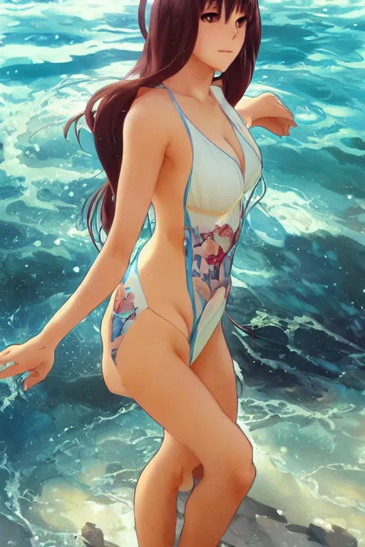 Image similar to anime key visual of a beautiful young female in a swimsuit, stunning, highly detailed, digital painting, artstation, smooth, hard focus, illustration, art by artgerm and greg rutkowski and alphonse mucha
