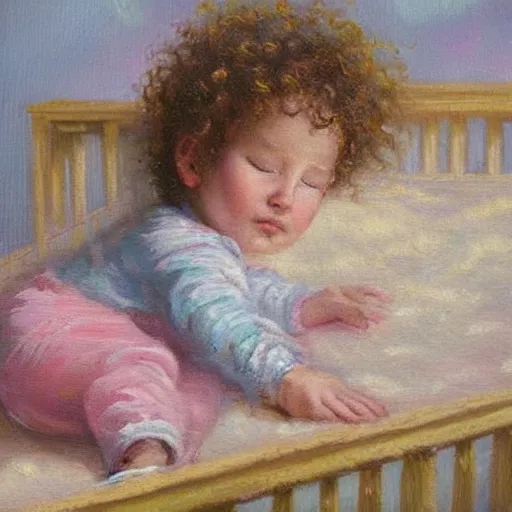 Prompt: a small curly headed child sleeping in a crib, beautiful painting, oil on canvas, in the style of thomas kinkade