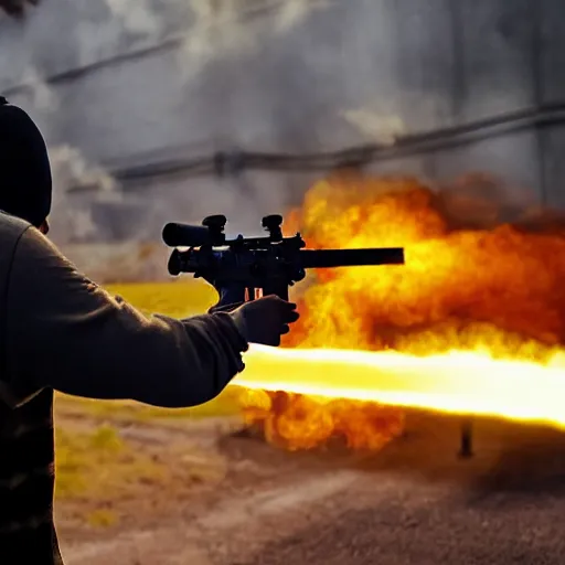 Prompt: man firing ar - 1 5, muzzle flash visible at the end of the barrel, highly detailed, photograph, firepower united