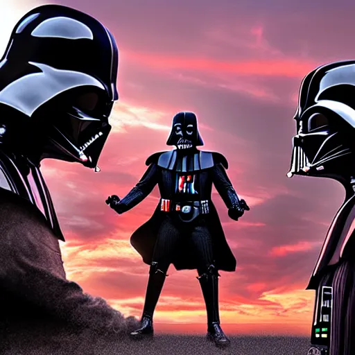 Image similar to A realistic photo with a mixture of Darth Vader and Batman, hyper-realistic, 8K HDR, sunset.