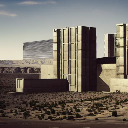 Image similar to Sci-Fi industrial futuristic Brutalism huge Building desert