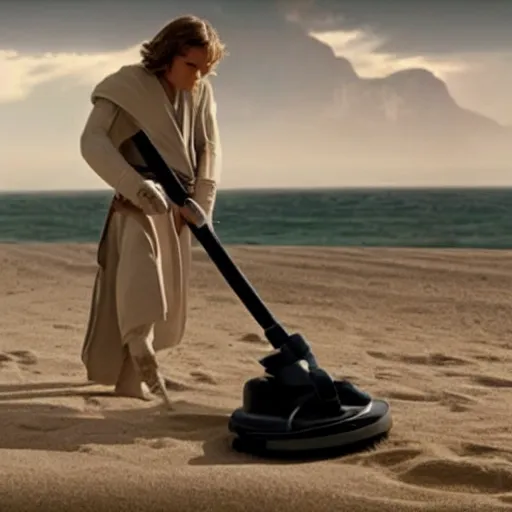 Image similar to anakin skywalker vacuuming the sand on a beach