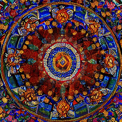 Prompt: An ancient mosaic of mandalas at a Turkish church, well preserved, photograph, wideview, 8k post processing