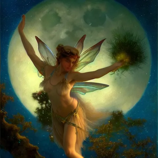 Prompt: attractive fairy magically floating high in the night, fantasy, full moon in background. highly detailed painting by gaston bussiere, craig mullins, j. c. leyendecker, sharp focus, 8 k