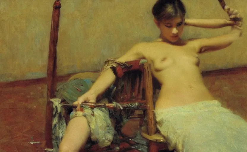 Image similar to high quality high detail painting by ilya repin, a cinematic shot of someone tied to the chair, hd