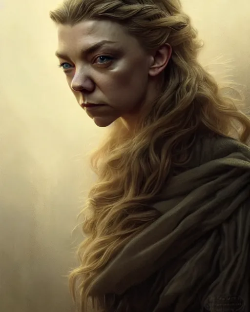 Prompt: natalie dormer, character portrait, portrait, close up, concept art, intricate details, highly detailed by greg rutkowski, michael whelan and gustave dore