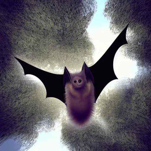 Image similar to a bat, hanging upside down from a tree ， digital art. unreal engine.