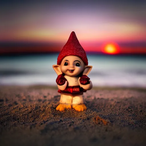 Image similar to cinematic front-view shot of a cute gnome standing on the beach during a sunset, 8k, dslr, highly intricate, highly detailed,