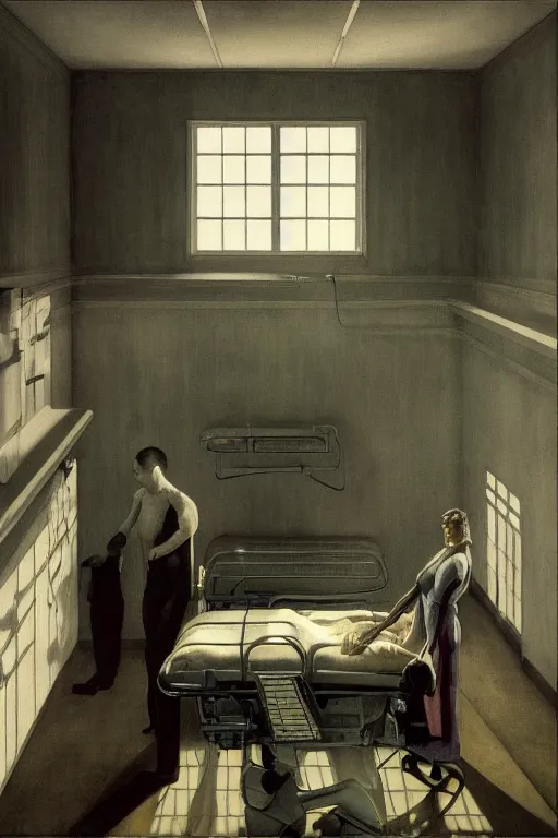 Prompt: detailed ultra - realistic graphic novel illustration of a dystopian hospital scene by edward hopper and gregory crewdson, cinematic, muted colors, cinematic fog, full shot, george adult, carel willink, mc escher, norman rockwell