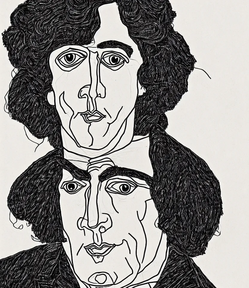 Image similar to detailed line art portrait of oscar wilde, inspired by egon schiele. caricatural, minimalist, bold contour lines, musicality, soft twirls curls and curves, confident personality, raw emotion