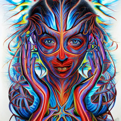 Prompt: body painted by Alex Grey and James Jean