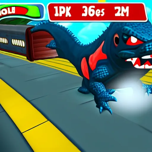 Prompt: small Godzilla running in Subway surfer, in-game shot, coherent like Dall-E 2