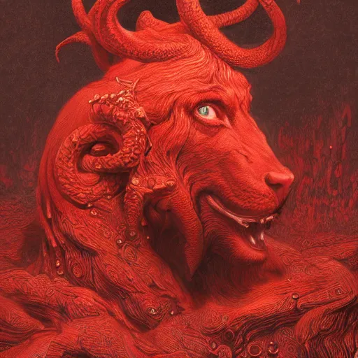 Image similar to a masterpiece! photographic portrait of a scarlet - colored beast with seven ( 7 ) heads and ten ( 1 0 ) horns by gustave dore and stephen hickman and allen williams, trending on artstation, cgsociety, 8 k hd, earthtone colors, a cloaked woman riding the back of the beast