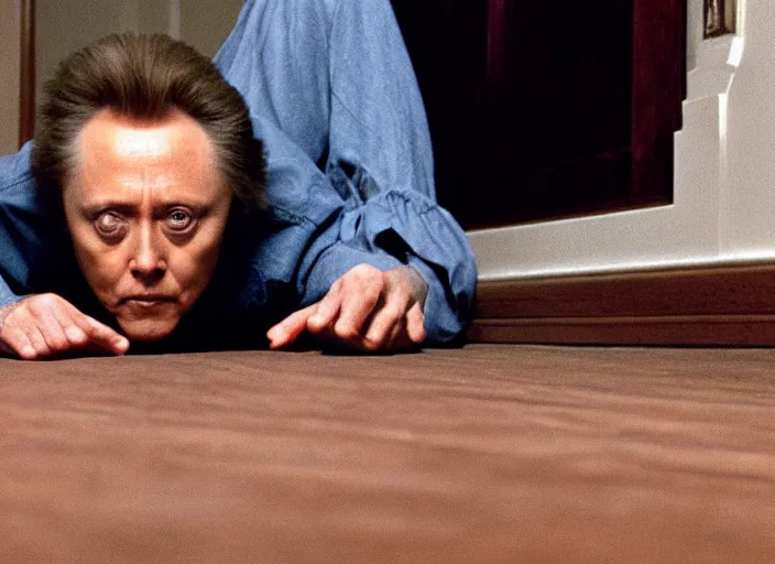 Prompt: film still of Christopher Walken hiding under a bed at night in the new Shining movie, 4k