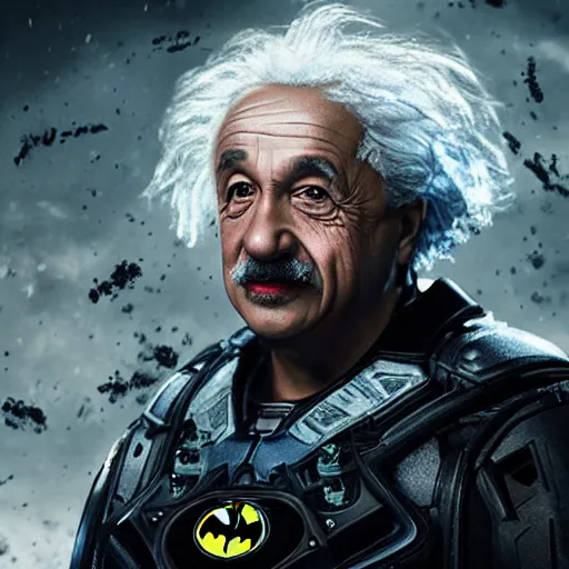 Prompt: 'Albert Einstein'! as Batman in Gears of War, splash art, movie still, detailed face, cinematic lighting, color, dramatic, octane render, long lens, shallow depth of field, bokeh, anamorphic lens flare, 8k, hyper detailed, 35mm film grain