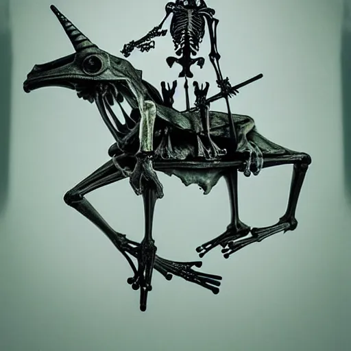 Image similar to frog horseman riding a translucent unicorn skeleton in a thick fog, polaroid photography in style of andrey tarkovski, ominous, mystical, sublime