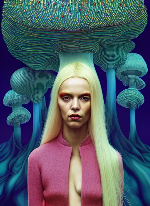 Image similar to pretty futuristic blonde model with hallucination mushroom : : by martine johanna and simon stalenhag and chie yoshii and casey weldon and wlop : : ornate, dynamic, particulate, rich colors, intricate, elegant, highly detailed, vogue, harper's bazaar art, fashion magazine, smooth, sharp focus, 8 k, octane render,