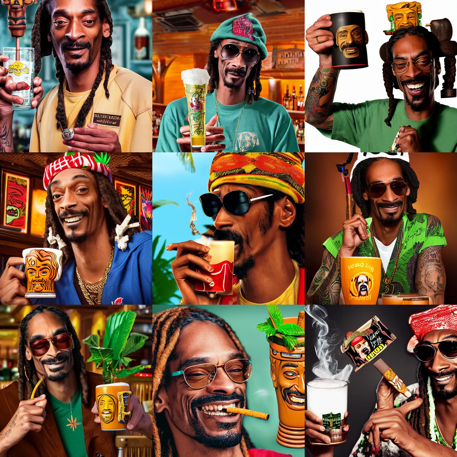 Image similar to a closeup photorealistic photograph of happy blunt smoking snoop dogg at trader vic's bar holding up a trader vic's style tiki mug featuring snoop dogg's face. tiki culture. lit scene. 4 k hd image that's trending on artstation, featured on behance, well rendered, extra crisp, features epic composition and the style of unreal engine.