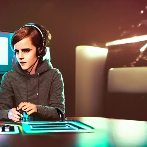 Image similar to model emma watson playing video gaming emma watson playing video gaming gaming on rgb keyboard wearing a gaming headset wearing hoodie sitting on gaming chair at desk dramatic lighting controller award winning photo