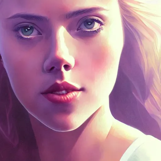 Image similar to a beautiful scenic painting of a beautiful young woman that looks like scarlett johansson by artgerm and wlop and wes anderson and spike jonze