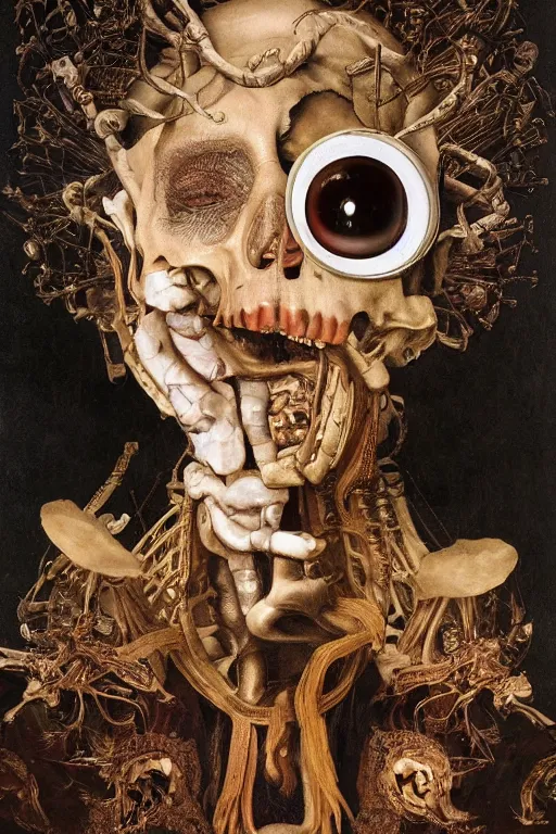 Image similar to Detailed maximalist portrait with large lips and with large, wide eyes, sad expression, extra bones, flesh, HD mixed media, 3D collage, highly detailed and intricate, surreal, illustration in the style of Caravaggio, dark art, baroque