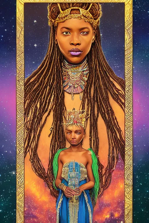 Prompt: beautiful, iridescent, and refined engraved fractal tarot card featuring an ornate, realistic, and regal high key studio anaglyph full body portrait of an attractive young kenyan princess with beaded dreadlocks in front of a brilliant nebula by Eric Lafforgue, by mucha and mohrbacher, by Dan Mumford, by Jim Fitzpatrick, featured on deviant art, trending on artstation