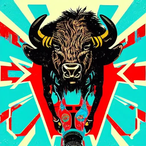 Prompt: a beautiful album cover of a cyberpunk bison by Shepard Fairey, red white and cyan color scheme