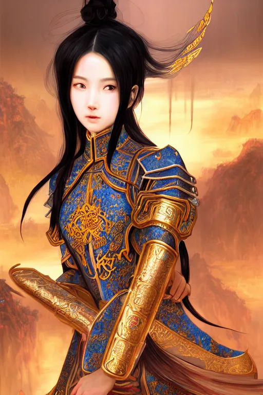 Image similar to portrait black hair young knights of Dynasty Warriors girl, rose golden color armor, in ruin chinese palace rooftop sunrise, ssci-fi and fantasy, intricate and very beautiful and elegant, highly detailed, digital painting, soft light, artstation, concept art, smooth and sharp focus, illustration, art by tian zi and WLOP and alphonse mucha