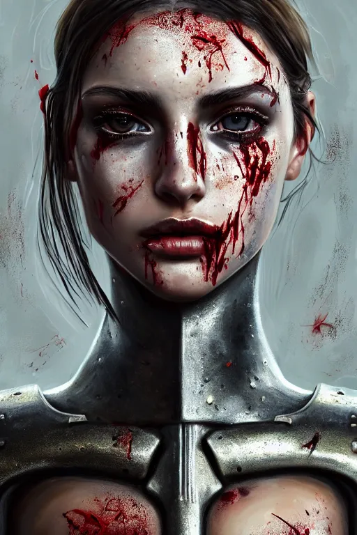 Image similar to a photorealistic painting of an attractive young girl, partially clothed in dirty metal-plated battle armor, spots of blood, olive skin, long dark hair, beautiful bone structure, symmetrical face, perfect eyes, intricate, elegant, digital painting, concept art, illustration, sharp focus, minimal artifacts, volumetric lighting, from Metal Gear, in the style of Ruan Jia and Mandy Jurgens and Greg Rutkowski, trending on Artstation, award winning