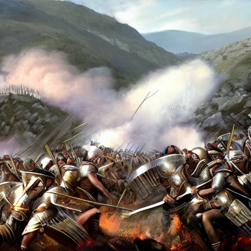 Image similar to a detailed, photorealistic painting of the battle of thermopylae, octane render