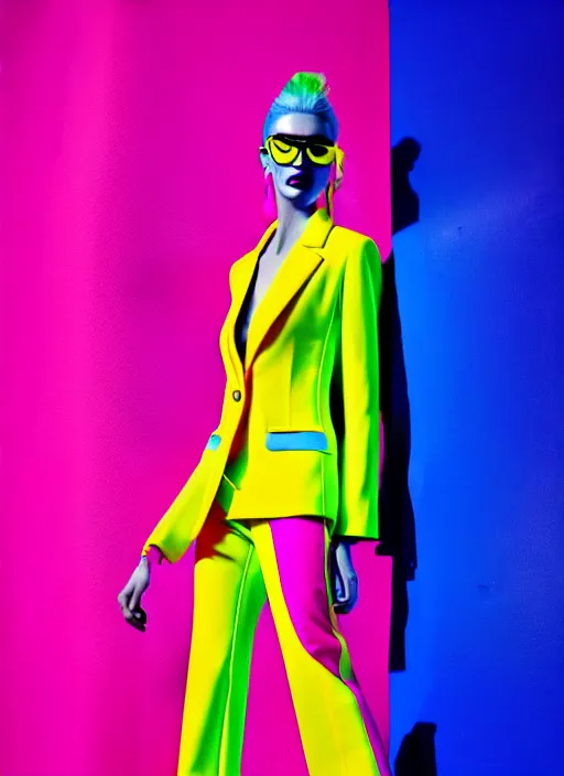 Image similar to bright trouser suit for a rave, bright colors, many details, prints, photo for a magazine, photo for a store, fashion photography, Vogue, 135 mm, cinematic, hyper realism, high detail, 8k, Two models in the frame, dynamic pose,Smooth skin, perfect face