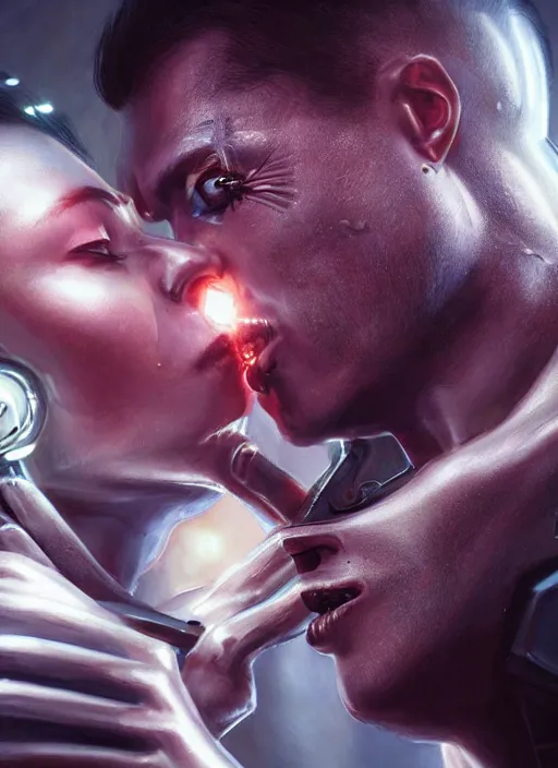 Prompt: ultra realistic close - up of a couple of cyborgs kissing, lovers, faces, cyberpunk, sci - fi, fantasy, led color, flare, soft light, night, highly detailed, digital painting, concept art, sharp focus, illustration, art by artgerm and greg rutkowski and h. r. giger,