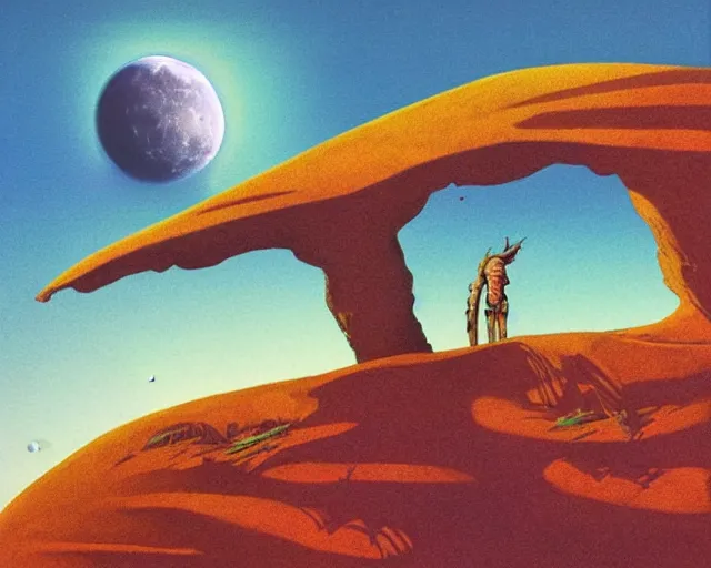 Prompt: roger dean 1 9 8 0 s art of a lone wanderer walking in the dry desert of a strange bizarre alien planet surface, moon in sky, imagery, illustration art, album art