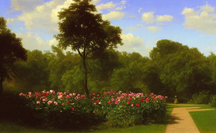 Prompt: a painting of a rose garden, hudson river school