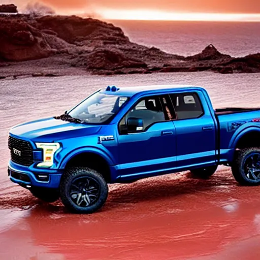 Prompt: Ford F150 Hydro Blue 2022 Truck on a Red Sand Beach at sunset