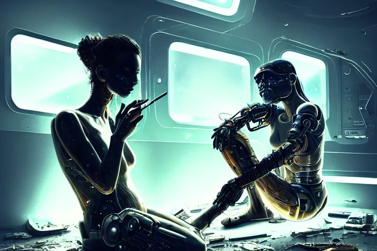 Image similar to Ultra realistic illustration, beautiful alluring damaged cyborg sitting on the floor of a destroyed spaceship, smoking a cigarette while being put back together in an super advanced military medical bay, cyberpunk, sci-fi, fantasy, sparks, small flames, smoke, intricate, elegant, highly detailed, digital painting, artstation, concept art, smooth, sharp focus, illustration, gorgeous cinematic lighting, art by artgerm and greg rutkowski and alphonse mucha