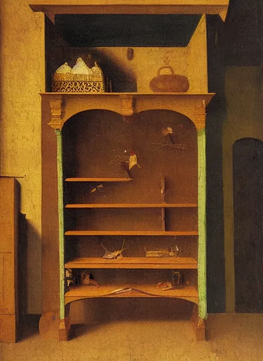 Image similar to bookshelf with children toys, medieval painting by jan van eyck, johannes vermeer, florence