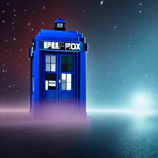 Image similar to a hyperdetailed photograph of the tardis sat on a futuristic street corner, night, dense fog, rain, hd, 8 k resolution