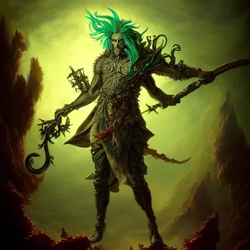 Prompt: a beautiful detailed 3d matte portrait of a masculine triton with green hair, wearing leather assassin armor, wielding a staff with a glowing red crystal, male, standing in a maelstrom, by ellen jewett, by tomasz alen kopera, by Justin Gerard, ominous, magical realism, texture, intricate, skull, skeleton, whirling smoke, alchemist bottles, radiant colors, fantasy, dungeons and dragons, volumetric lighting, high details