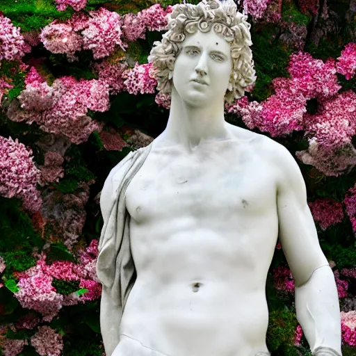 Image similar to a marble statue covered in flowers, full frame, cinematic light, 8k, unreal engine,