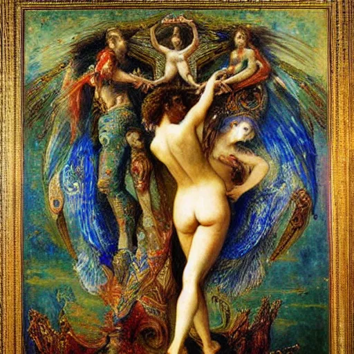 Prompt: a symbolist painting about the lie we live in the style of Jupiter and Semele by Gustave Moreau