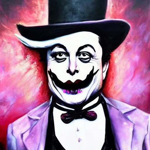 Image similar to elon musk as the grim-hatter with evil mustache grinning, cinematic, dark oil paint, realistic flavor, decaying rich colors!, instagram photo