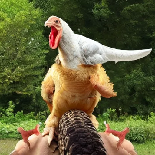 Image similar to chicken riding on a t - rex