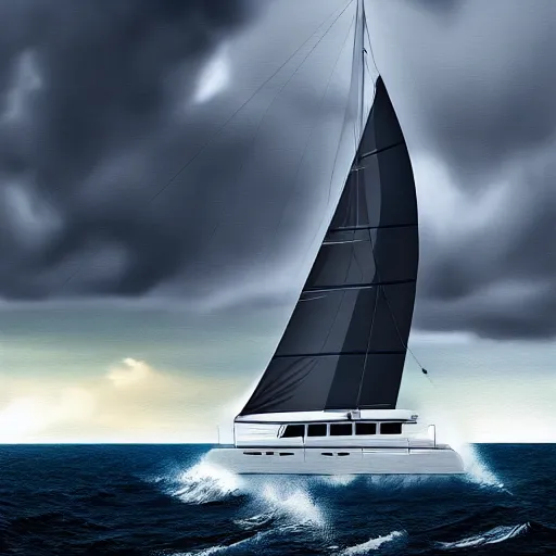 Image similar to catamaran yacht on the ocean during a storm painting, 4 k, hyper realistic, dslr, high resolution, landscape, beautiful