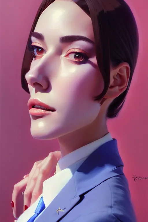 Image similar to a ultradetailed beautiful panting of a stylish woman wearing a oversized suit with a tie, oil painting, by ilya kuvshinov, greg rutkowski and makoto shinkai, trending on artstation