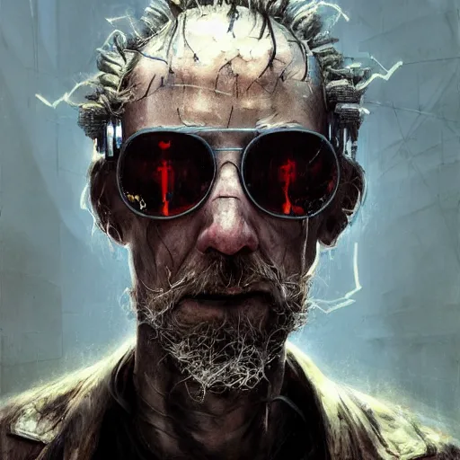 Image similar to henry dorsett case, middleaged shaggy cyborg, heavily augmented, wired, smoker, hacker, cyberpunk, painted by seb mckinnon, high detail, dramatic light, digital art, painted by greg rutkowski, promotional movie posterart, trending on artstation