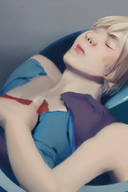 Image similar to a medium close-up of cute young woman lying in a ball chair listening to music with her eyes closed and wearing headphones, white bob cut hair, freckles, cozy setting, blue and white, warm lighting, cinematic, moody, nier automata, poster, oil on canvas, in the style of Ilya Kuvshinov, Krenz Cushart, Range Murata, Eero Aarnio, 8k